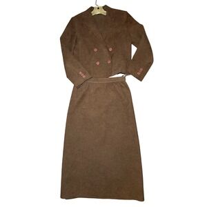 Vintage Posh Ultrasuede Brown 2 Piece Skirt Suit Set Double Breasted Cropped S